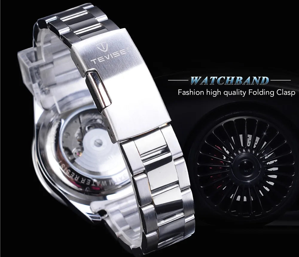 TEVISE Men's Luxury Automatic Mechanical Watch Blue Ocean Dial Stainless Steel Sport Watch, Business Casual Style with Date D