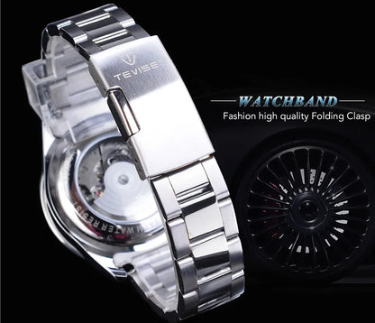 TEVISE Men's Luxury Automatic Mechanical Watch Blue Ocean Dial Stainless Steel Sport Watch, Business Casual Style with Date D