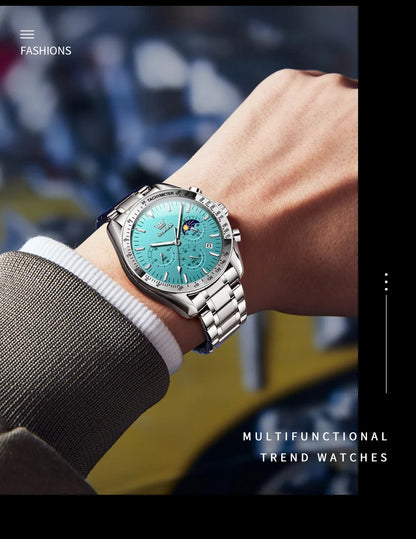 OLEVS Original Quartz Man Watch Stainless Steel Moon Phase Waterproof Chronograph Men's Wristwatches Auto Date Hand Clock 3618