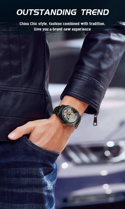 Forsining Gold Square Skeleton Automatic Mechanical Watches Engraved Design Luminous Hands Stainless Steel Strap Retro Men Watch