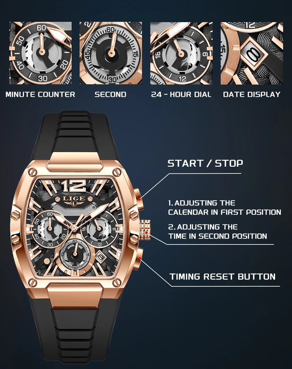 LIGE Original Brand Fashion Mens Watches Sport Military Chronograph Calendar Silicone Strap Quartz Wristwatch Relogio Masculino