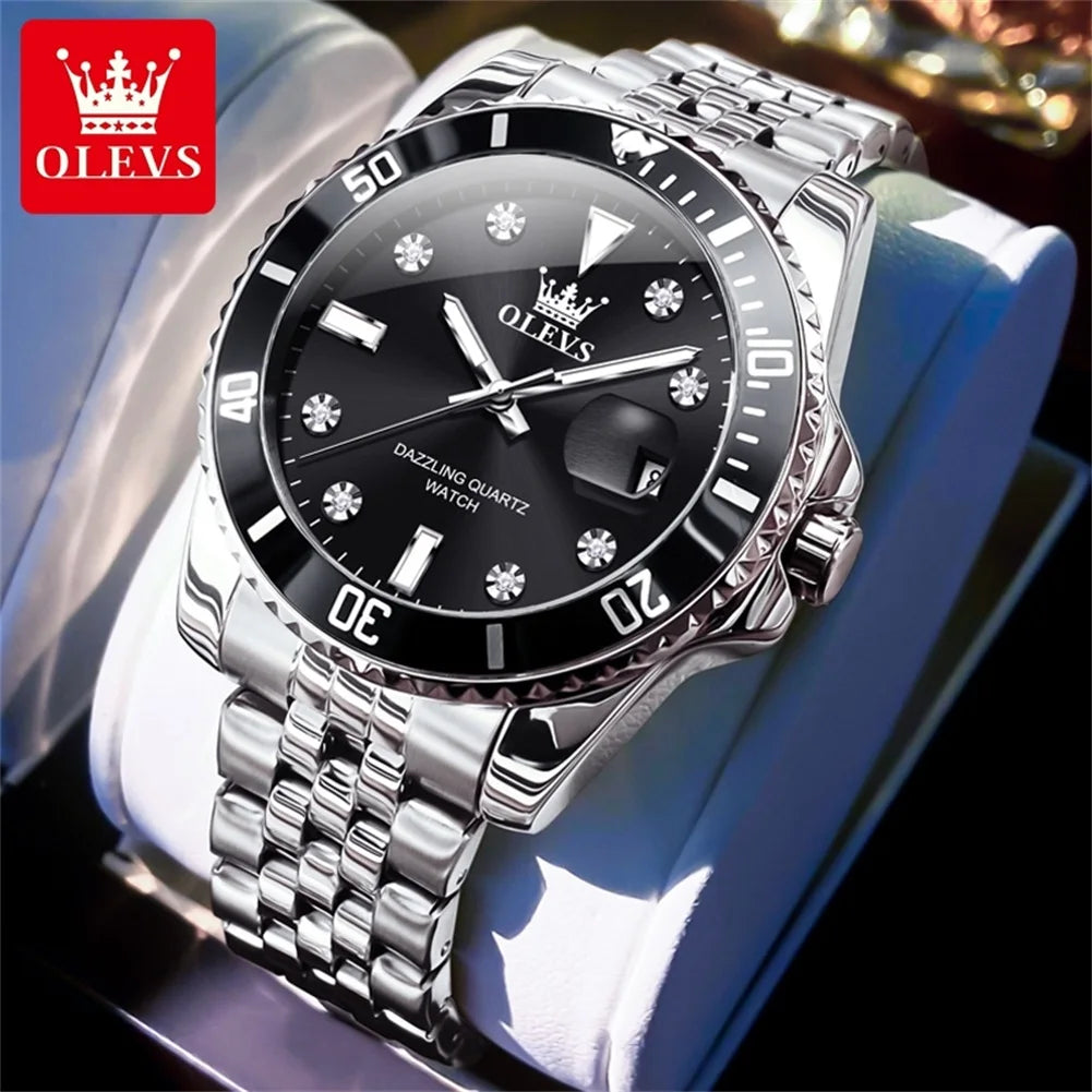 OLEVS 9809 Men Watch Original Brand Waterproof Quartz Watch Stainless Steel Strap Automatic Date  Sports Watch Mens Gifts Box