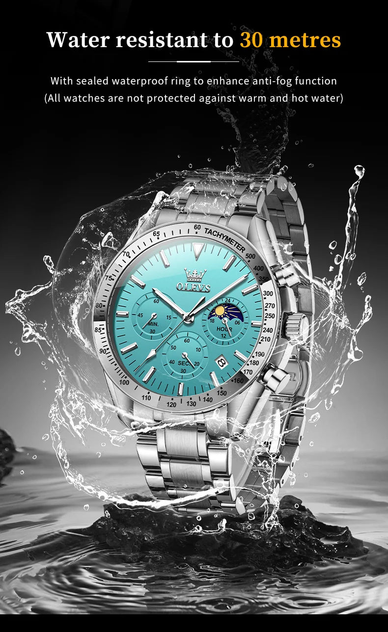OLEVS Original Quartz Man Watch Stainless Steel Moon Phase Waterproof Chronograph Men's Wristwatches Auto Date Hand Clock 3618