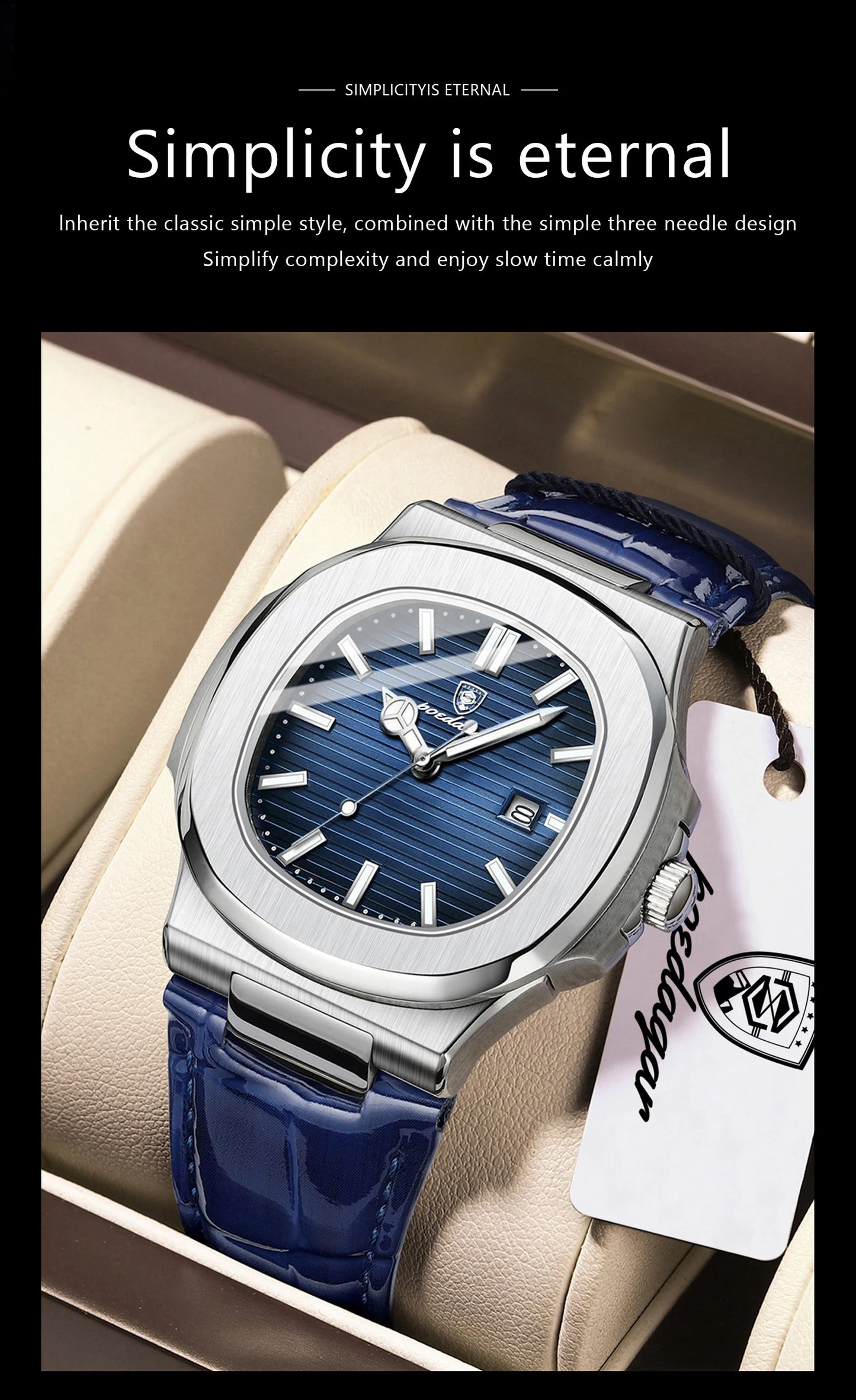 POEDAGAR Top Square Man Watch Date Waterproof Luminous Luxury Men Wristwatch High Quality Leather Men's Quartz Watches+Box Reloj