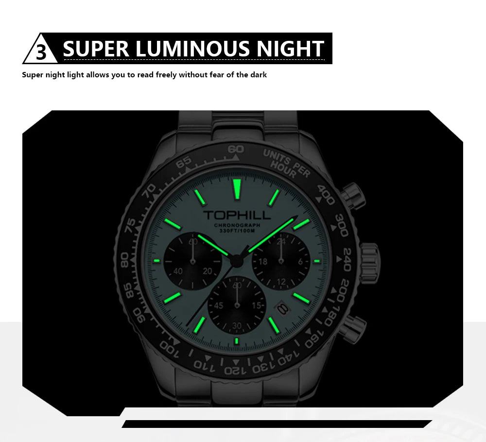 TOPHILL Racing Chronograph Men’s Quartz Watch Panda dial Tachymeter Bezel Sport Wristwatch Stainless Steel 100M Waterproof