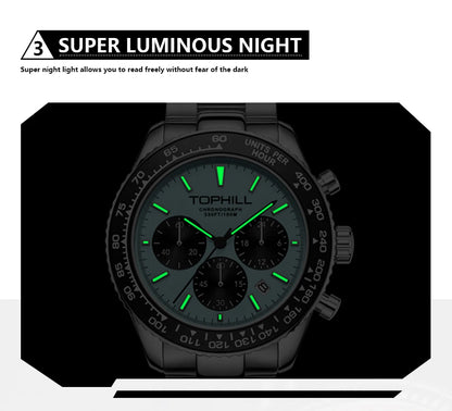TOPHILL Racing Chronograph Men’s Quartz Watch Panda dial Tachymeter Bezel Sport Wristwatch Stainless Steel 100M Waterproof
