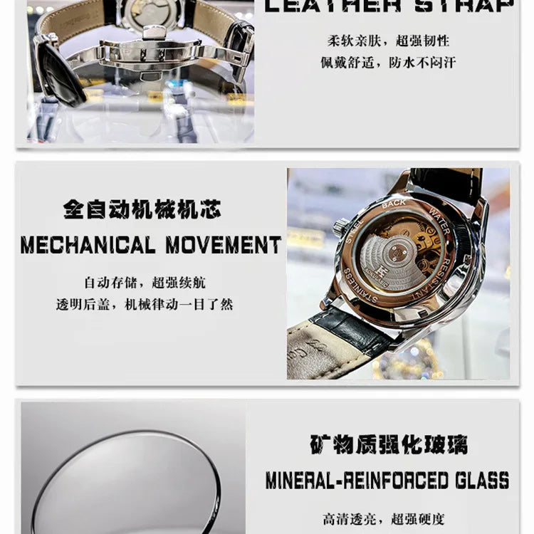 Luxury Sapphire Men's Automatic Mechanical Watch Top Brand Water Resistant Leather Strap Men Wristwatch Reloj Hombre