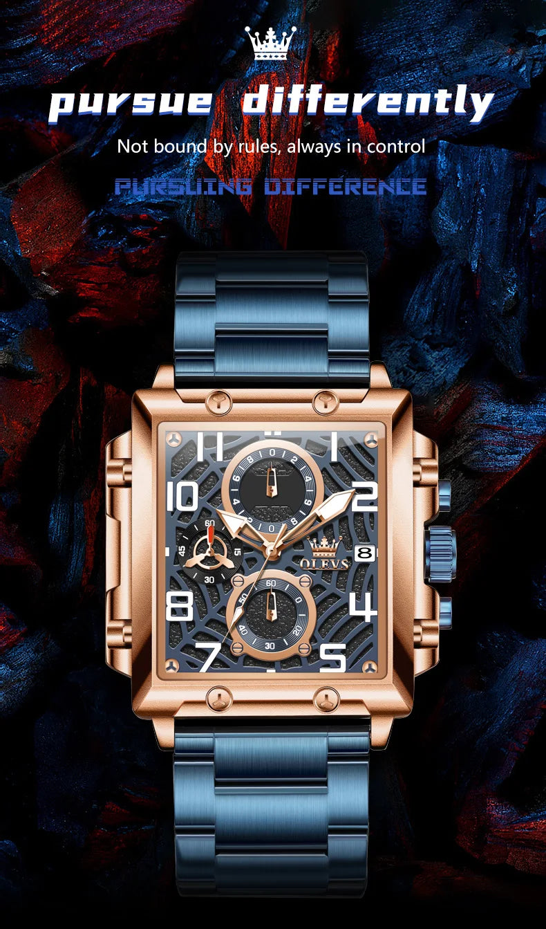 OLEVS Brand Square Multifunctional Quartz Watch for Men Stainless Steel Waterproof Sport Chronograph Mens Watches Reloj Hombre