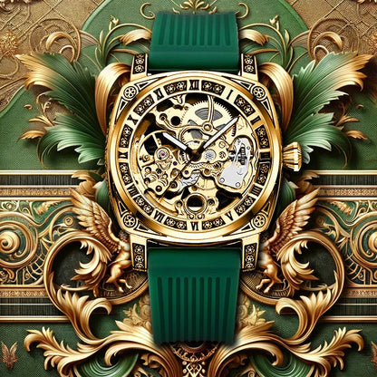 A men's yellow-green casual stylish watch with an intricately engraved strap and fully automatic mechanical movement