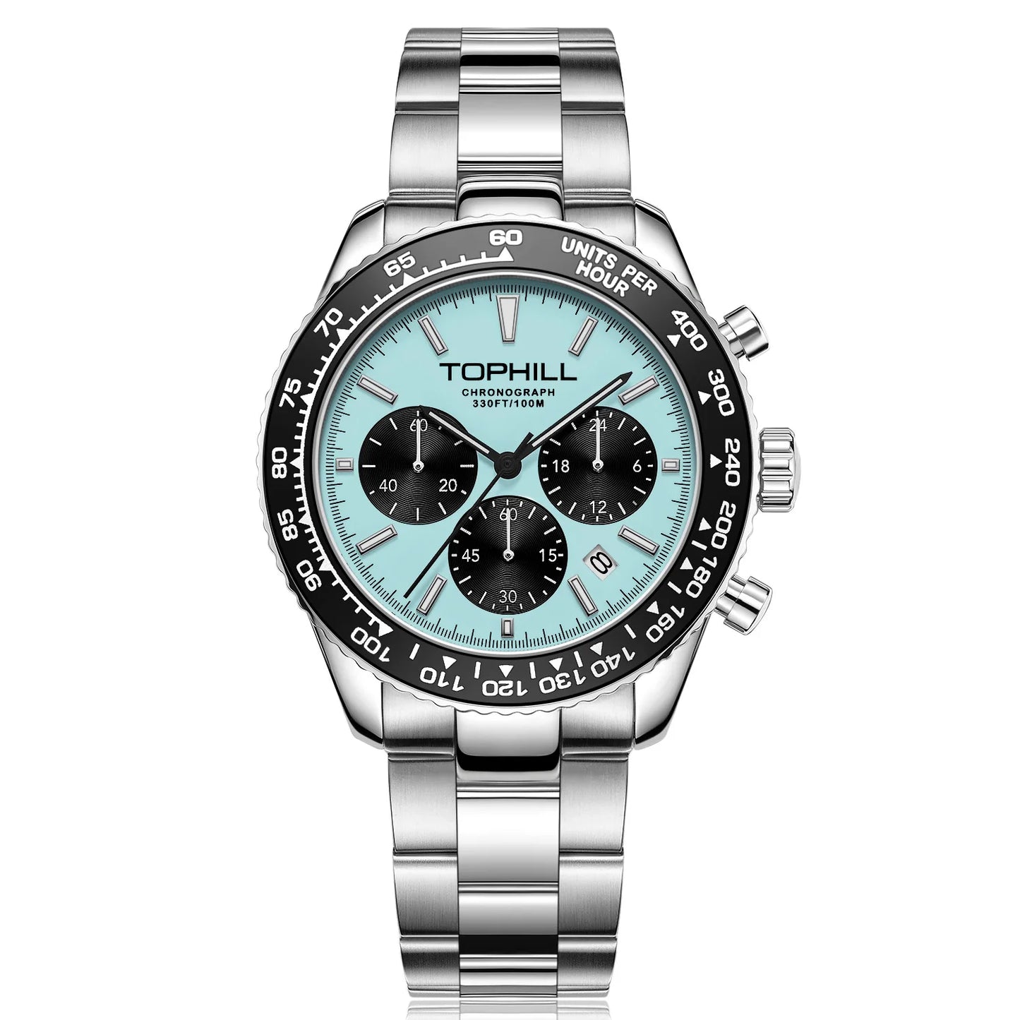 TOPHILL Racing Chronograph Men’s Quartz Watch Panda dial Tachymeter Bezel Sport Wristwatch Stainless Steel 100M Waterproof