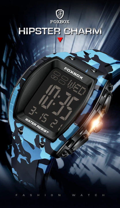 FOXBOX Military Watches For Men Fashion Square Waterproof Luminous Sports Men's Watch LED Electronic Wristwatch Reloj Hombre+BOX