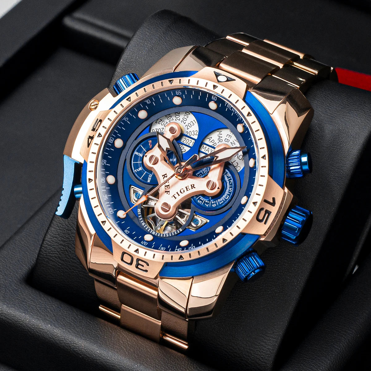 Reef Tiger/RT Designer Stainless Steel Completed Calendar Automatic Watch Men Date Rose Gold Bracelet Mechanical Watches RGA3503