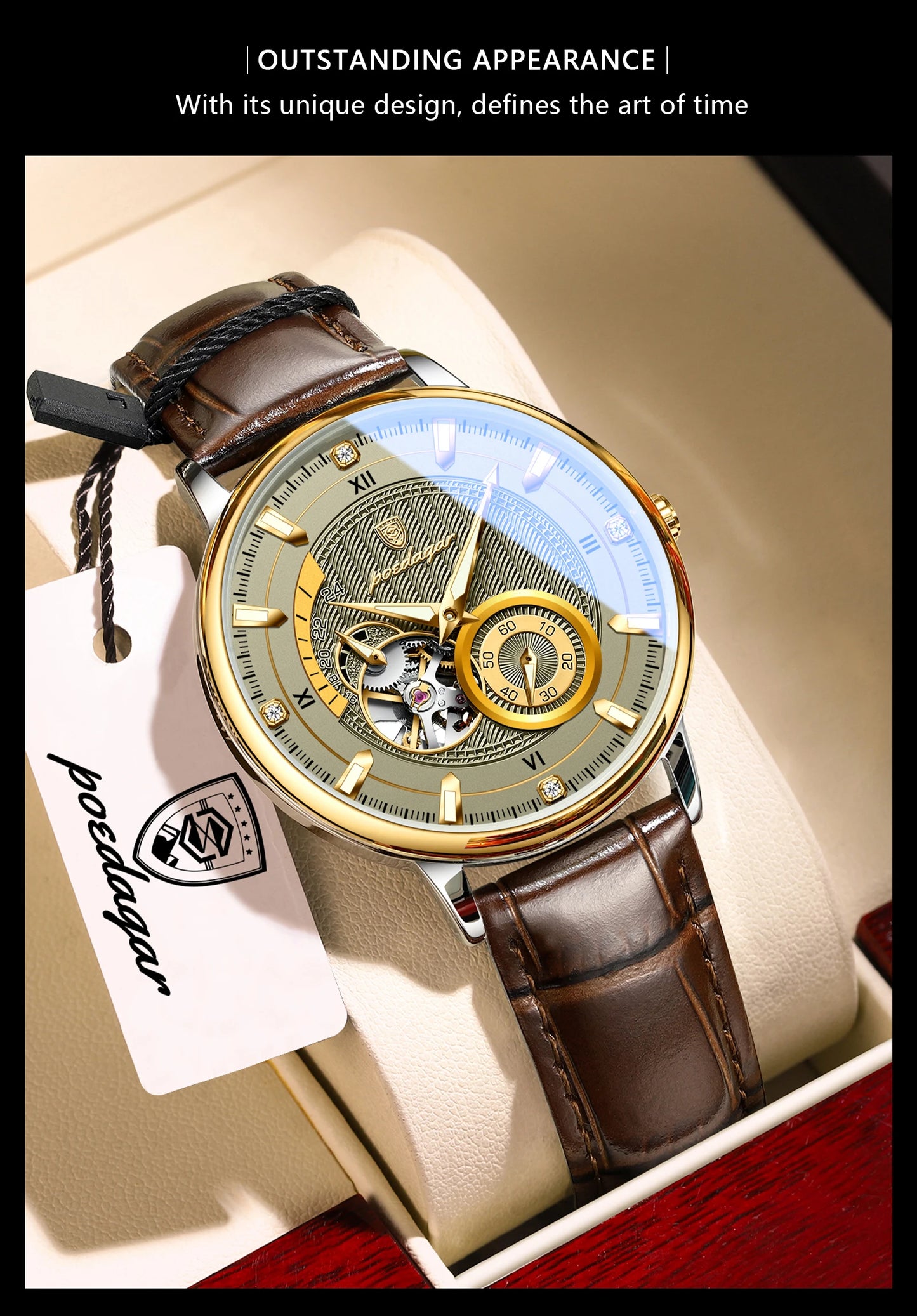 POEDAGAR Military Sport Man Watch Waterproof Luminous Hollow Tourbillon Men Clock Automatic Mechanical Leather Men's Watches+Box