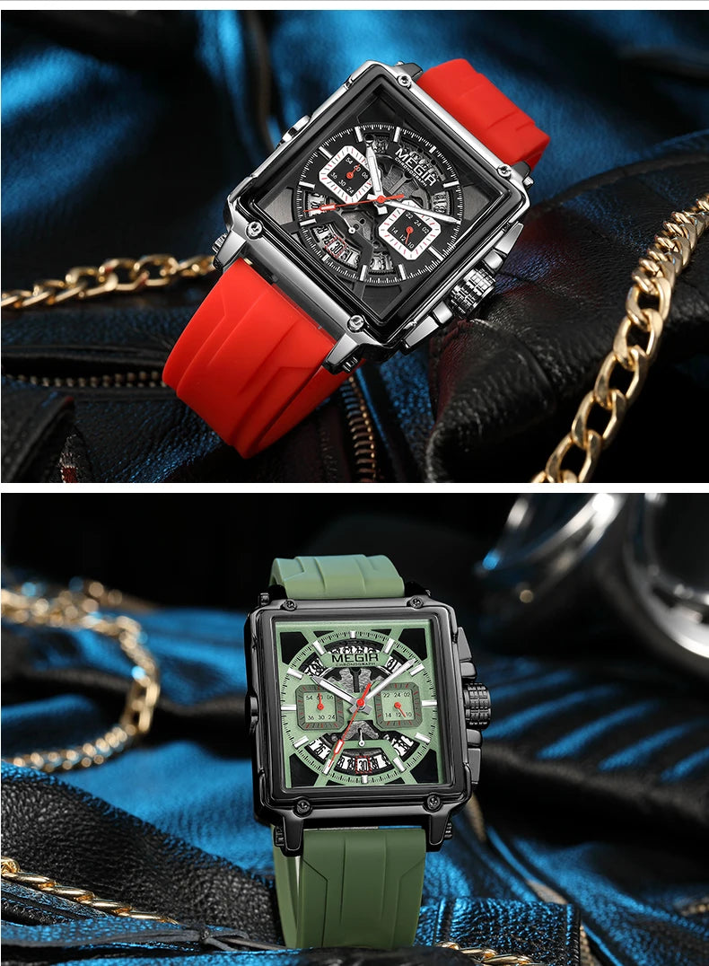 MEGIR Sport Watches for Men Waterproof Quartz Military Wristwatches Square Dial Male Chronograph Watch 24-hour Reloj Hombre 2233