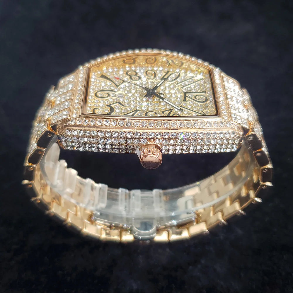 1pcs Quartz Men's Watch Luxury Fashion Wristwatch Hip-Hop Street Style Full Diamond Tonneau Date Watches for Party Accessory