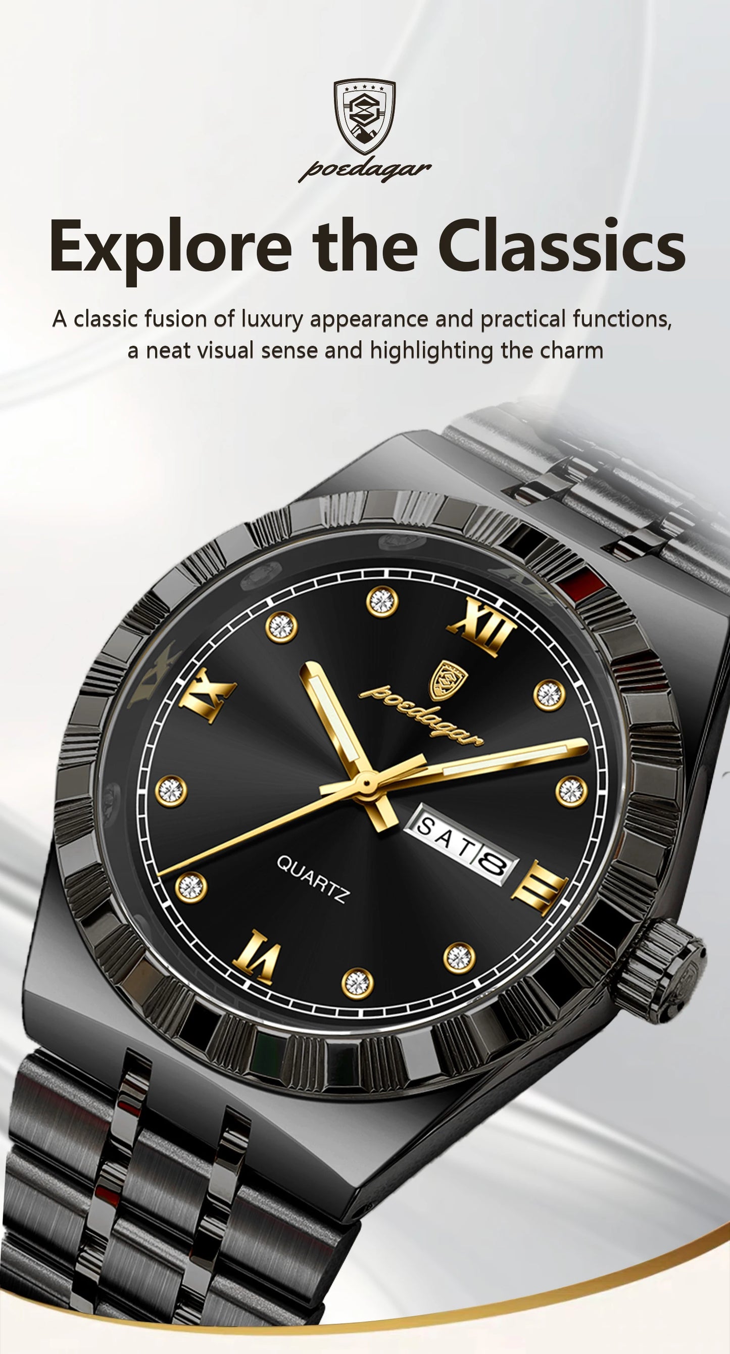 POEDAGAR Business Male Watches Waterproof Luminous Week Date Fashion Men's Wristwatch Stainless Steel Quartz Watch For Men Reloj