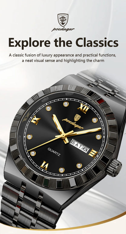 POEDAGAR Business Male Watches Waterproof Luminous Week Date Fashion Men's Wristwatch Stainless Steel Quartz Watch For Men Reloj