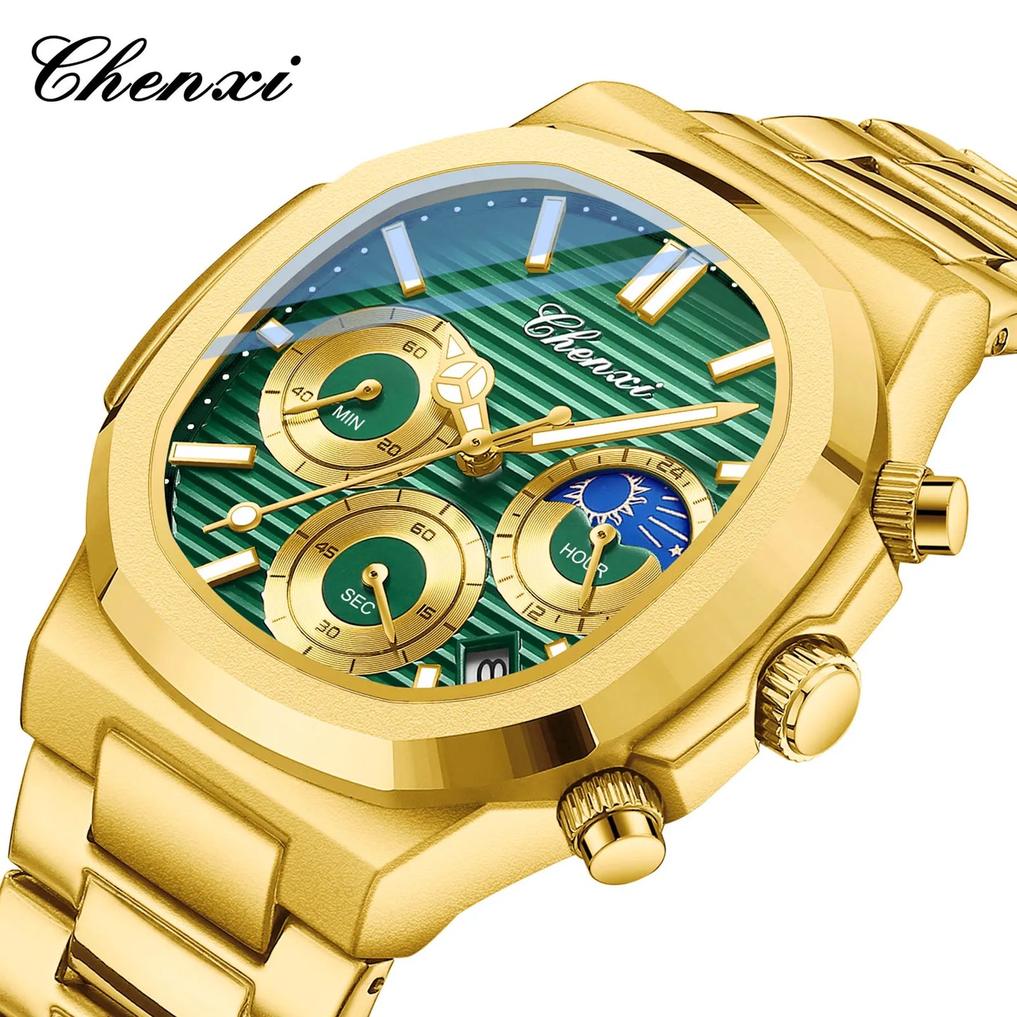 CHENXI Luxury Business Multifunctional Men's Watches Waterproof Chronograph Moonphase Stainless Steel Men's Quartz Watch Casual