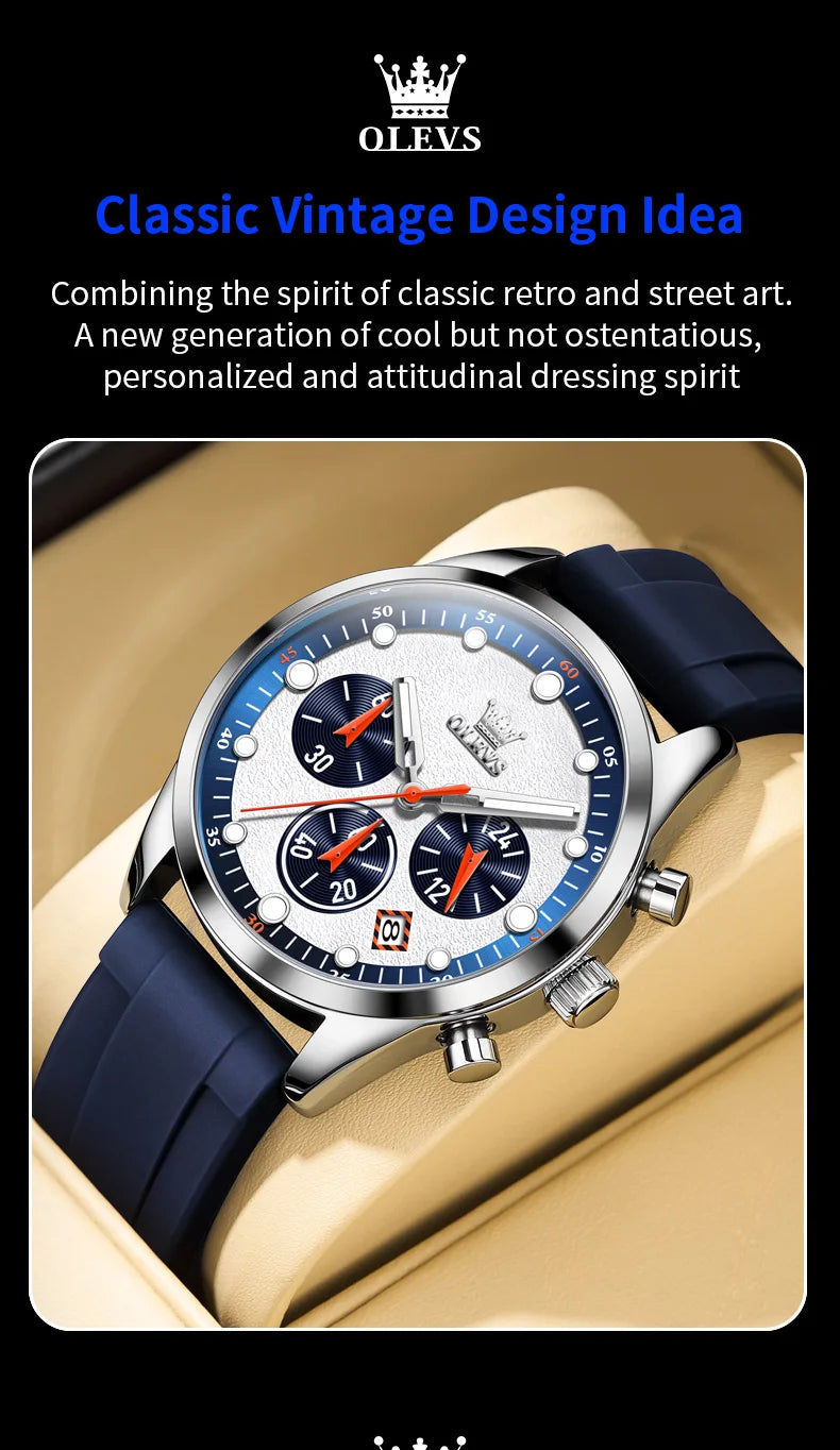 OLEVS 5602 Mens Watch Original Fashion Bright Colors Silicone Strap Quartz Wristwatch Waterproof Luminous Reloj Chronograph Date