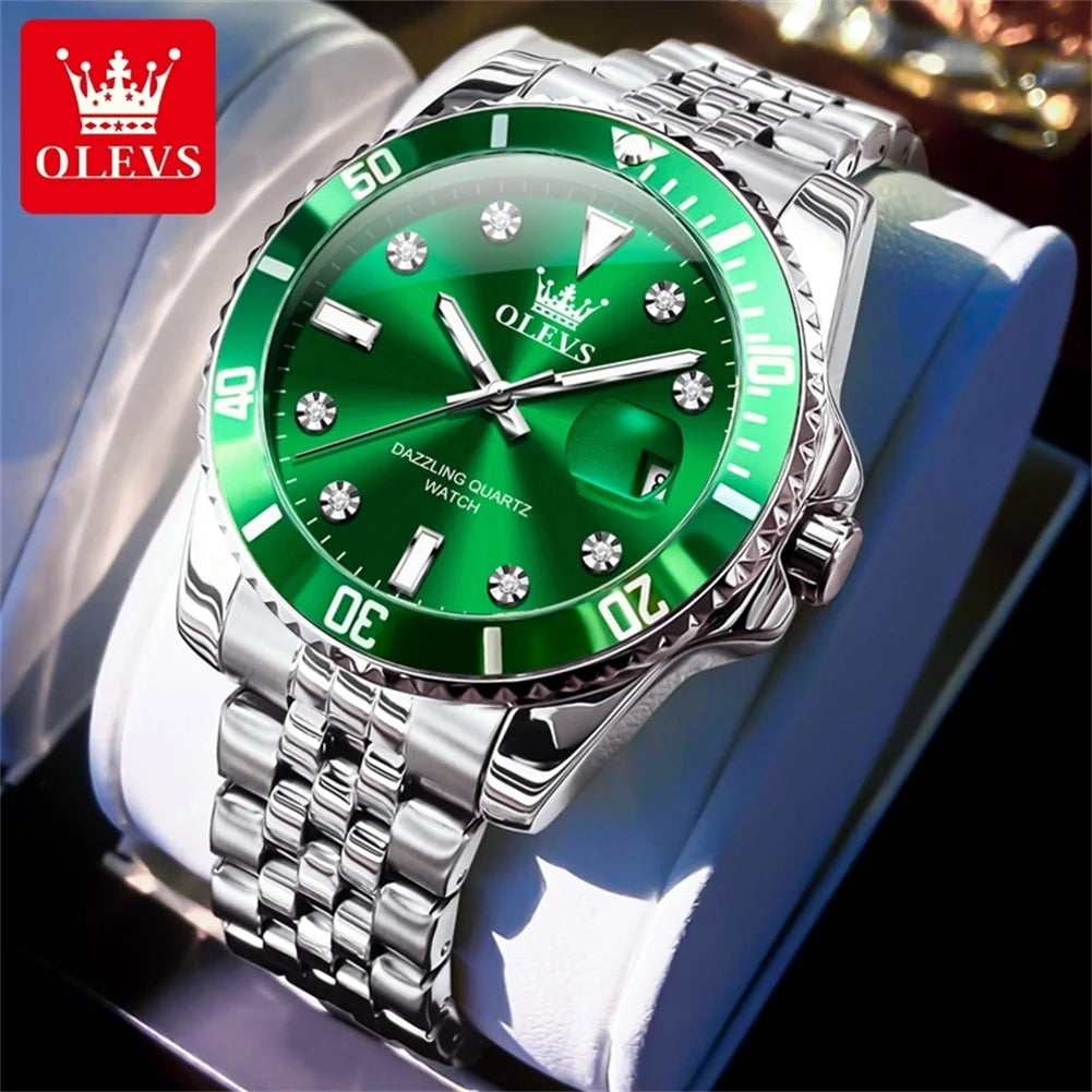 OLEVS 9809 Men Watch Original Brand Waterproof Quartz Watch Stainless Steel Strap Automatic Date  Sports Watch Mens Gifts Box