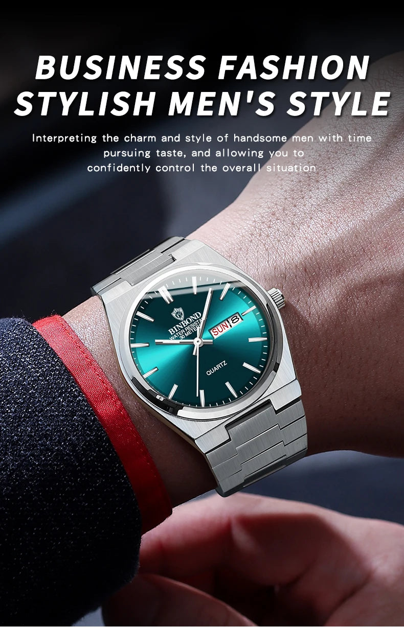 BINBOND Men's Fashion Business Watch Quartz Movement Stainless Steel Buckle Waterproof Luminous Calendar Leisure Watch