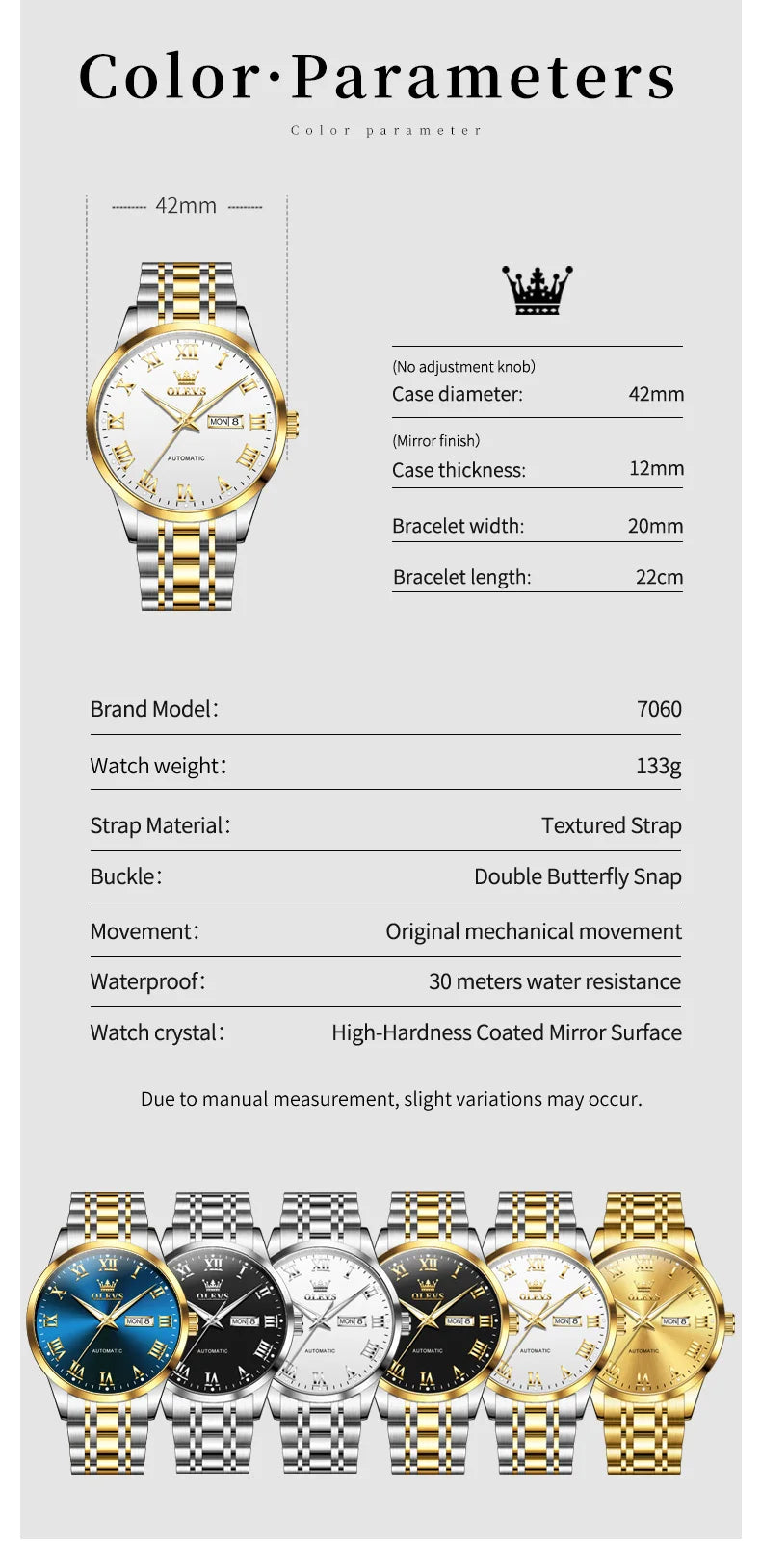 OLEVS 7060 Men's Automatic Watch Stainless steel Strap Waterproof Calendar Mechanical Watch for Men