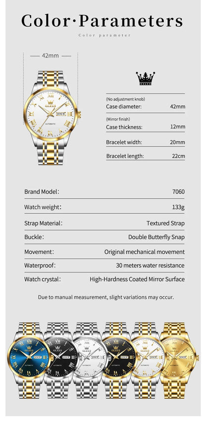 OLEVS 7060 Men's Automatic Watch Stainless steel Strap Waterproof Calendar Mechanical Watch for Men