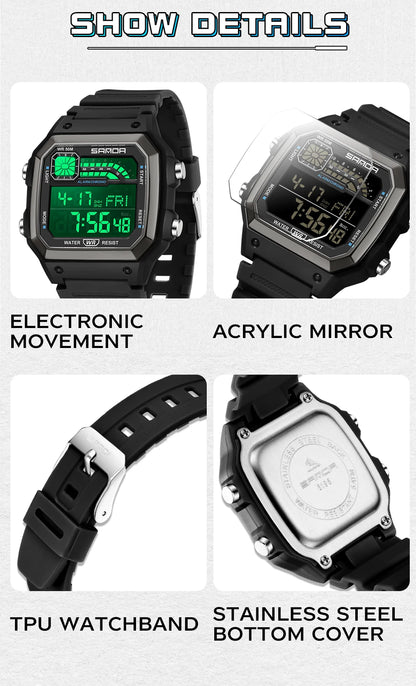 SANDA 6196 Student Electronic Watch Night Light Waterproof Sports Men's Lightweight Square Luxury Classic  Electronic Watch