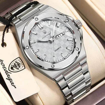 POEDAGAR Original Men Clock Quartz Date Week Luxury Man Wristwatch Waterproof Luminous Stainless Steel Sport Men's Watches Reloj