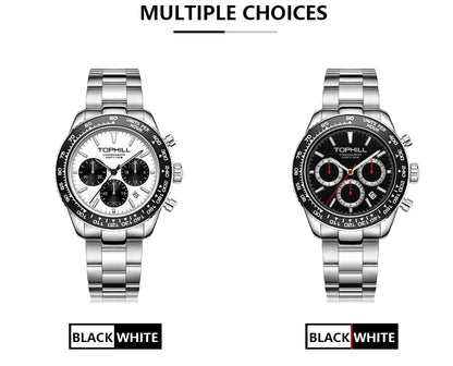 TOPHILL Racing Chronograph Men’s Quartz Watch Panda dial Tachymeter Bezel Sport Wristwatch Stainless Steel 100M Waterproof