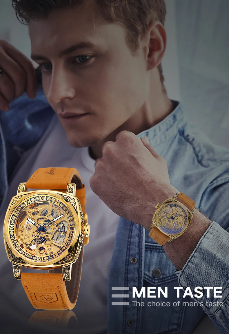 Forsining Royal Retro Skeleton Automatic Mechanical Watch for Men Leather Strap Business Casual Mens Watches Top Brand Gifts New
