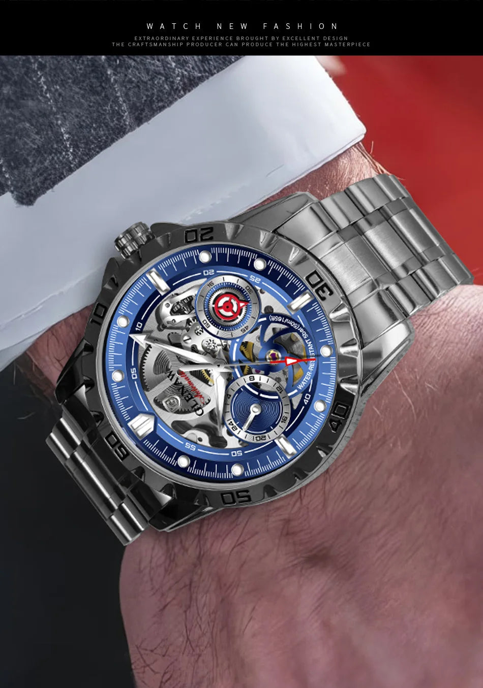 2025 New GLENAW Design Luxury Mechanical Watch Men Stainless Steel Strap Night Light 24-hour Display Waterproof Automatic Watch