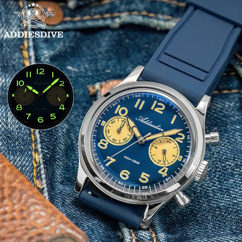 ADDIESDIVE Top Brand Man Watch 10Bar Waterproof AD2516 Super Luminous Bubble Mirror Glass VK64 Chronograph Quartz Steel Watch