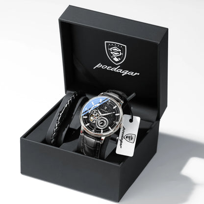 POEDAGAR Military Sport Man Watch Waterproof Luminous Hollow Tourbillon Men Clock Automatic Mechanical Leather Men's Watches+Box