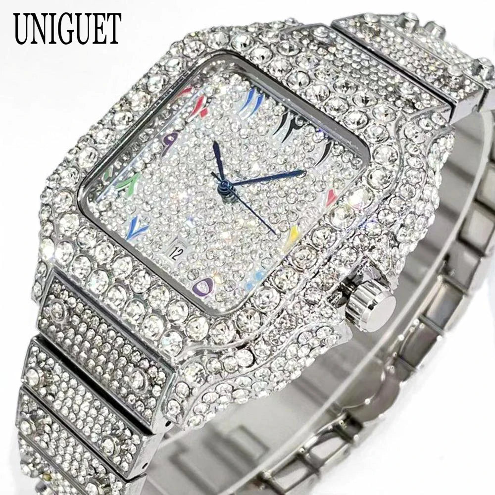 2026 New Luxury Diamond Watch Men Fashion Iced Out Square Colorful Number Watches Hip Hop Bling Jewelry Reloj Hombre for Gift