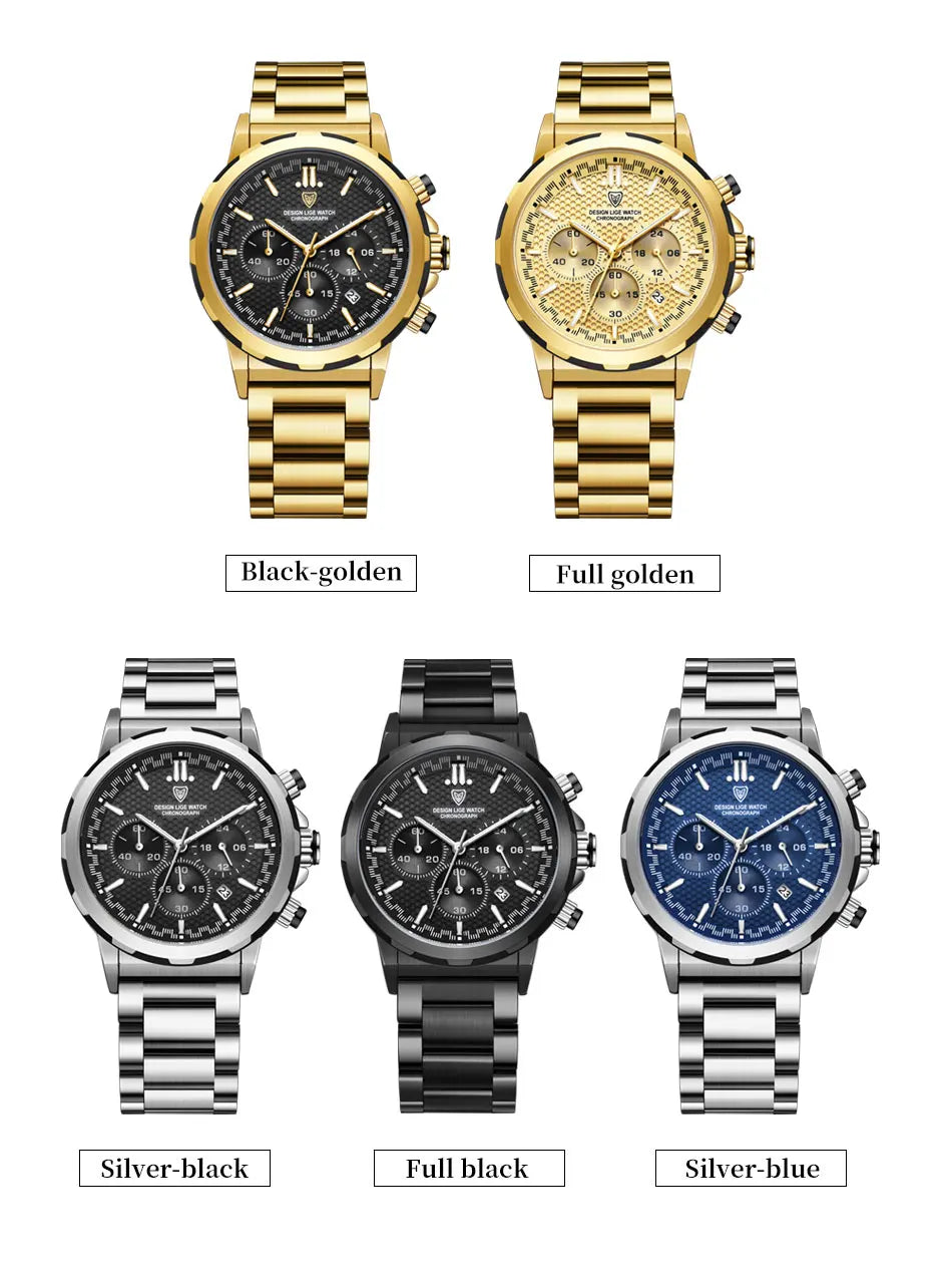 LIGE Luxury Men Watch Top Original Waterproof Luminous Chronograph Man Wristwatch Stainless Steel Quartz Men's Watches Reloj