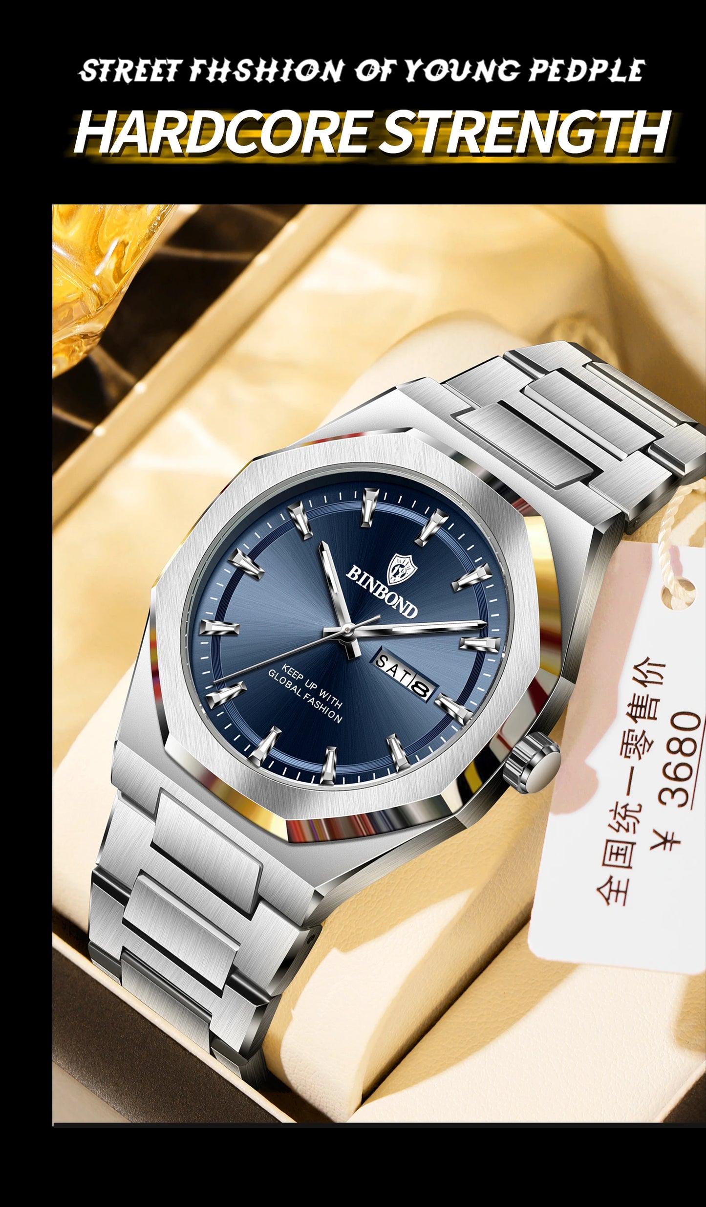 BINBOND Fashionable Men's Quartz Watch Dual Calendar Night Light Waterproof Trend Casual Business Sports Male Quartz Wristwatch