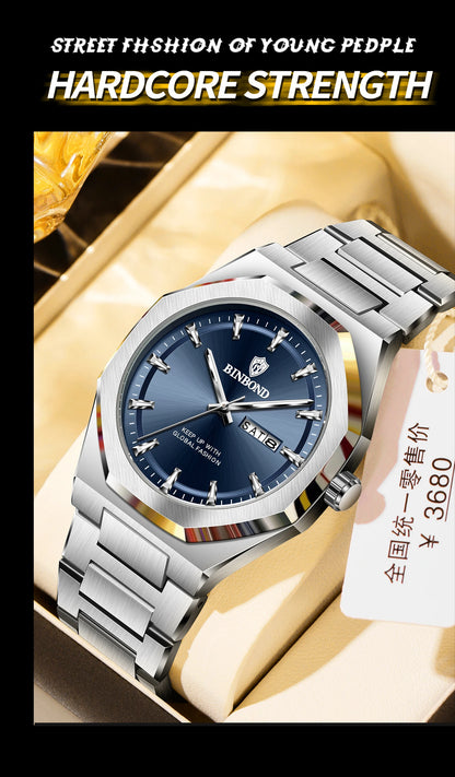 BINBOND Fashionable Men's Quartz Watch Dual Calendar Night Light Waterproof Trend Casual Business Sports Male Quartz Wristwatch