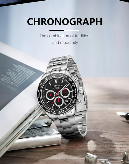 TOPHILL Racing Chronograph Men’s Quartz Watch Panda dial Tachymeter Bezel Sport Wristwatch Stainless Steel 100M Waterproof