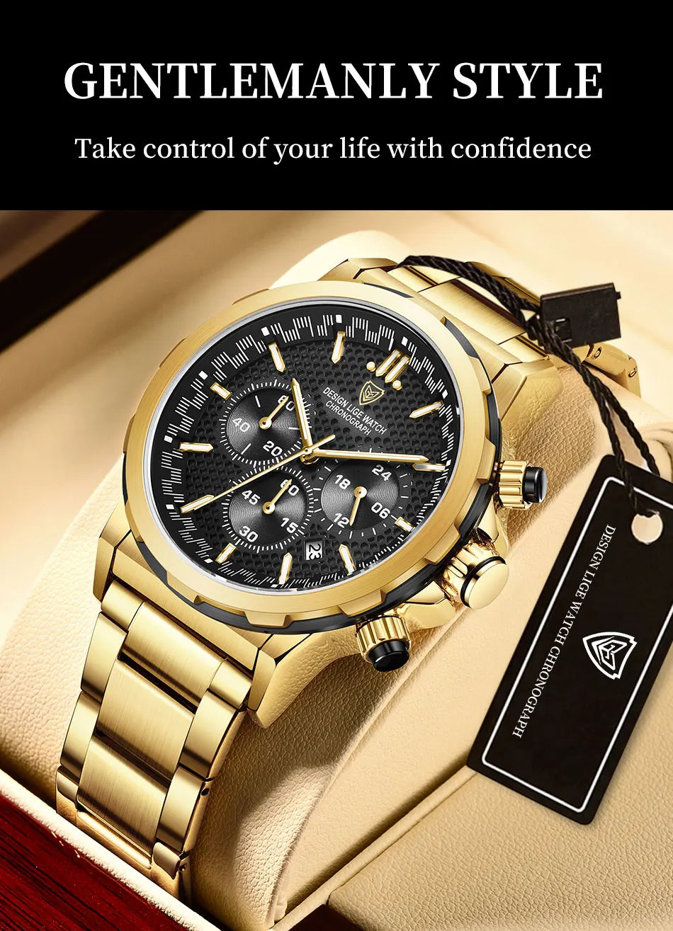 LIGE Luxury Men Watch Top Original Waterproof Luminous Chronograph Man Wristwatch Stainless Steel Quartz Men's Watches Reloj
