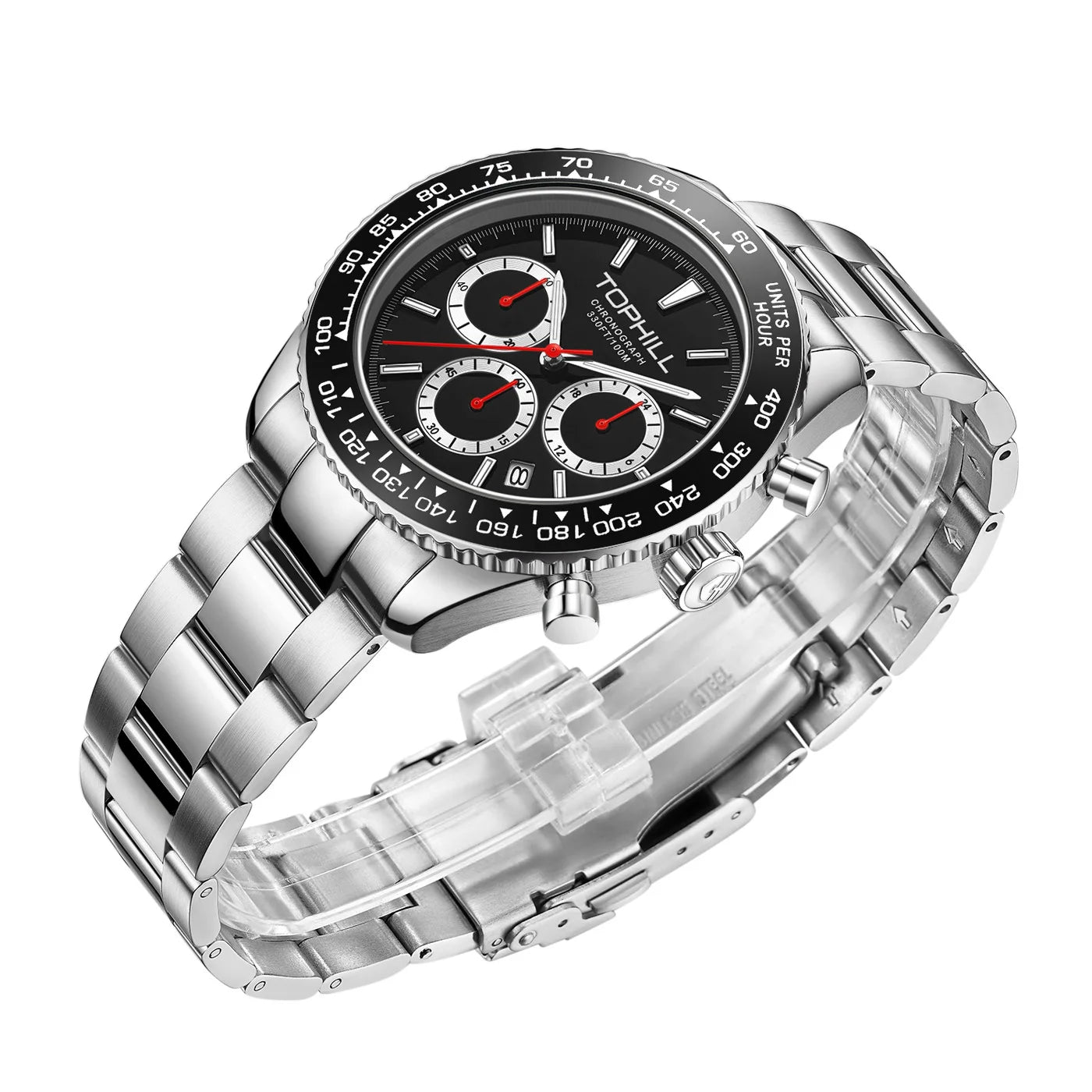 TOPHILL Racing Chronograph Men’s Quartz Watch Panda dial Tachymeter Bezel Sport Wristwatch Stainless Steel 100M Waterproof