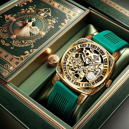 A men's yellow-green casual stylish watch with an intricately engraved strap and fully automatic mechanical movement