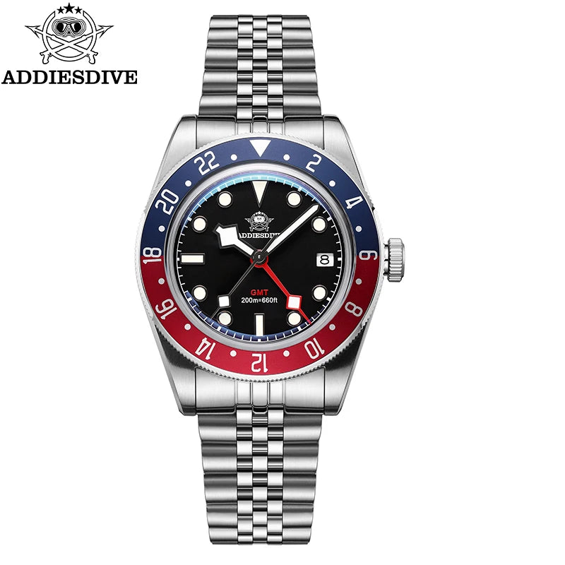 ADDIESDIVE Luxury GMT Men's Diving Watch 200m Waterproof Bubble Mirror Glass Quartz Watch BGW9 Blue Luminous Sports Watch AD2044