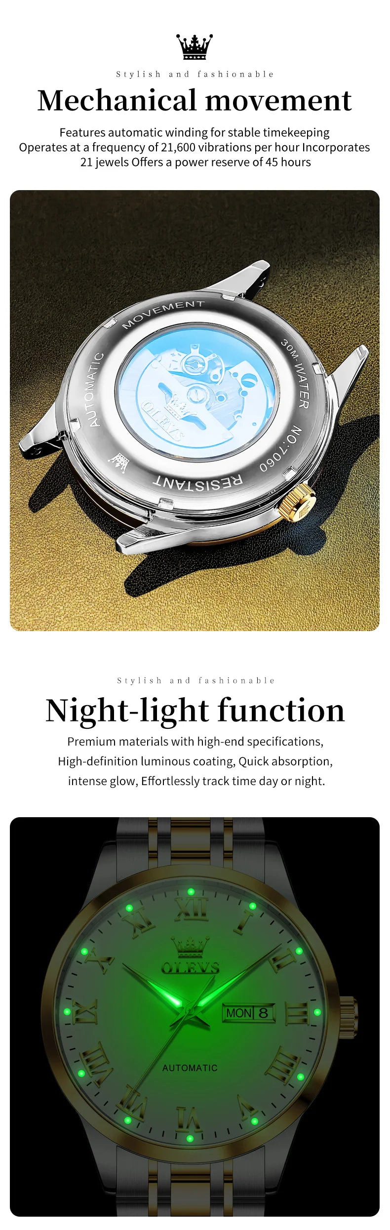 OLEVS 7060 Men's Automatic Watch Stainless steel Strap Waterproof Calendar Mechanical Watch for Men