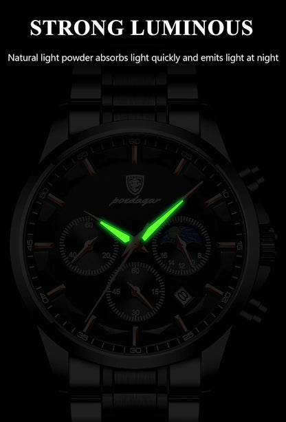 POEDAGAR Top Business Men's Watches Waterproof Luminous Stainless Steel Fashion Men Wristwatch Chronograph Date Man Quartz Watch