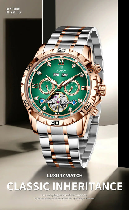 GLENAW NEW Year Month Sunday Multi-functional Mechanical Watch Men luxury Stainless Steel Waterproof Automatic watch steel strip