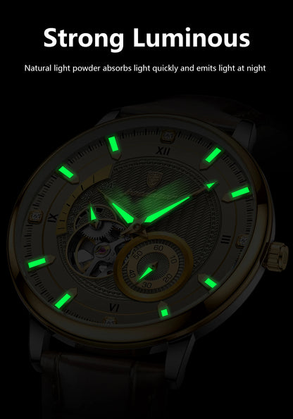 POEDAGAR Military Sport Man Watch Waterproof Luminous Hollow Tourbillon Men Clock Automatic Mechanical Leather Men's Watches+Box
