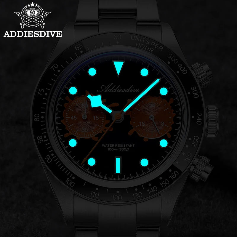 ADDIESDIVE New Luxury Mens Quartz Chronograph Watch VK64 Luxury Wristwatch Ceramic Bezel Stainless Steel 100M Waterproof AD2520