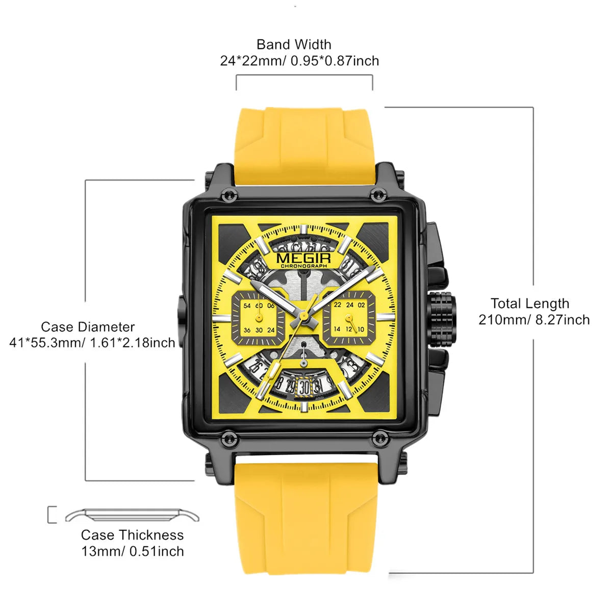 MEGIR Sport Watches for Men Waterproof Quartz Military Wristwatches Square Dial Male Chronograph Watch 24-hour Reloj Hombre 2233