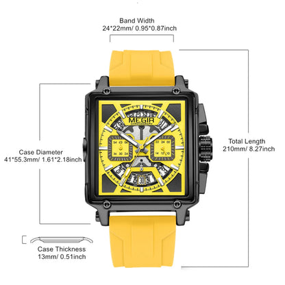 MEGIR Sport Watches for Men Waterproof Quartz Military Wristwatches Square Dial Male Chronograph Watch 24-hour Reloj Hombre 2233
